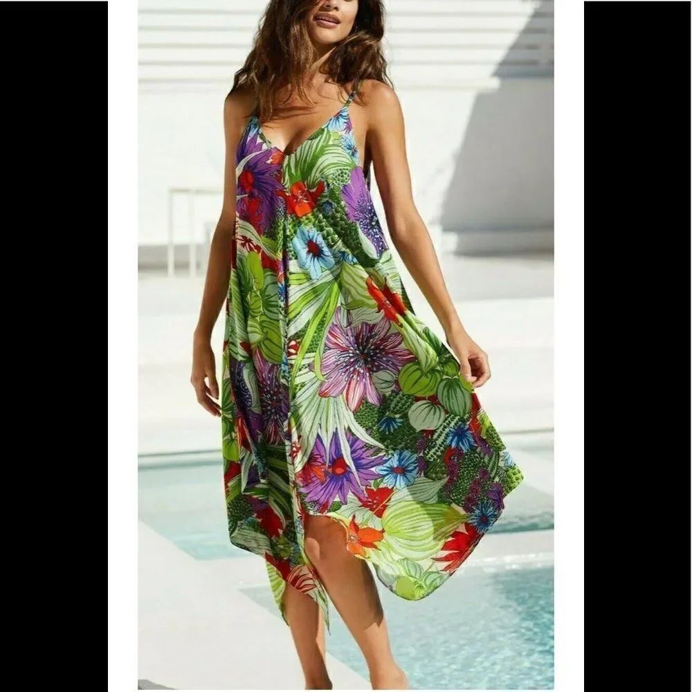 Anthropologie Flowy Mini Dress Green Multi V Neck Sz M/l